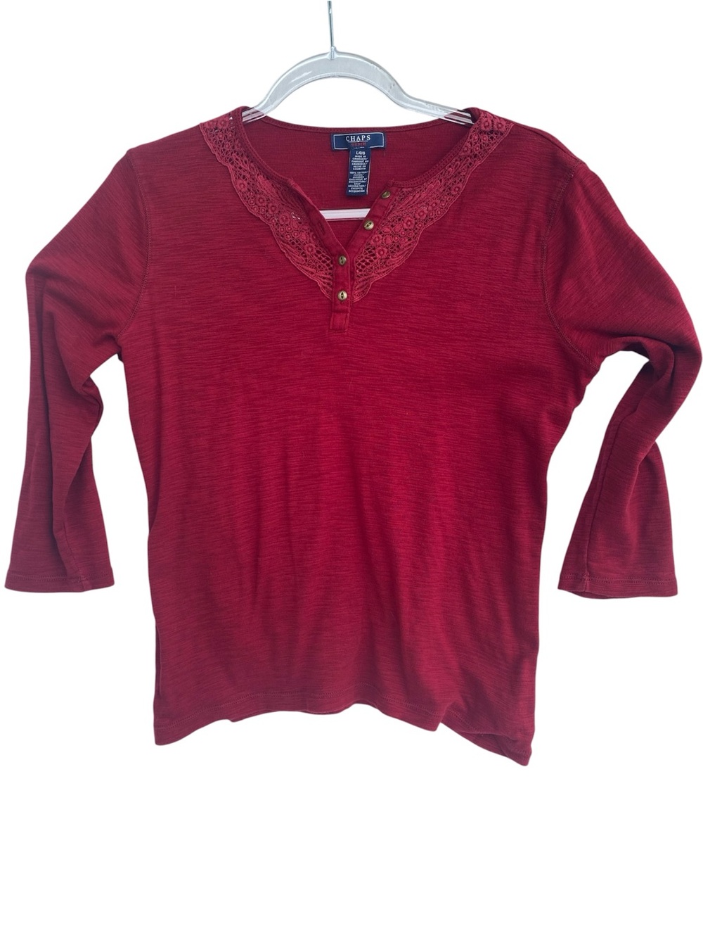 Chaps women red crochet button Henley knit top 100%cotton Large 3/4 sleeve
